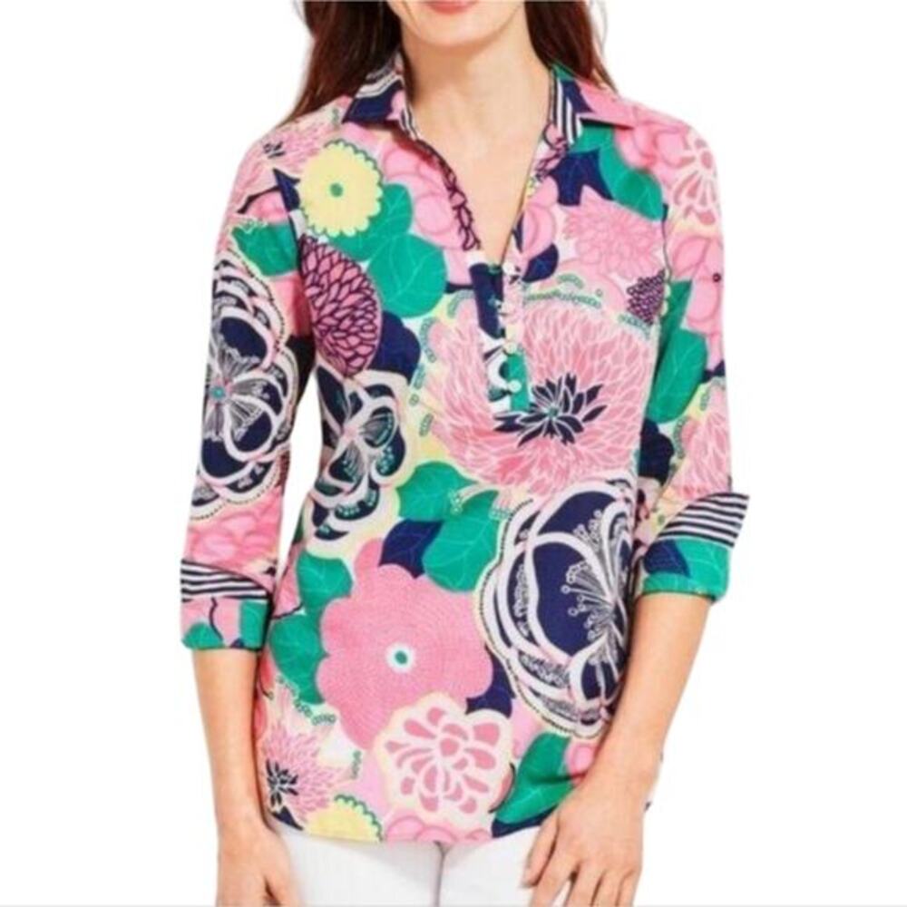 Talbots Floral PopOver‎ Tab Sleeve 1/2 Button Tunic Length Shirt Size Small